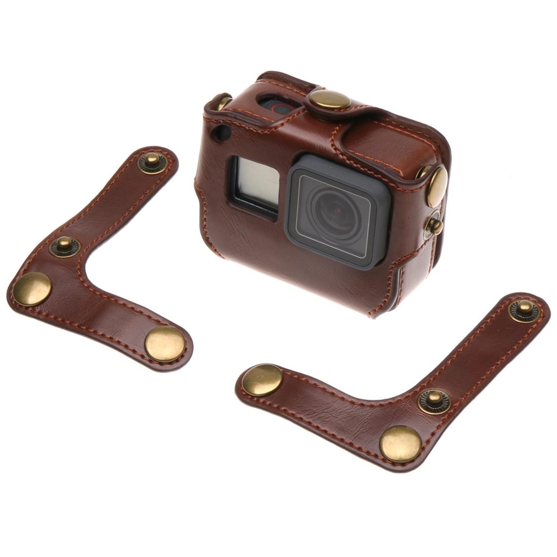 Leather Housing Case with Neck Strap and Buttons for Gopro Hero7 / 6 / 5 - Black - Coffee