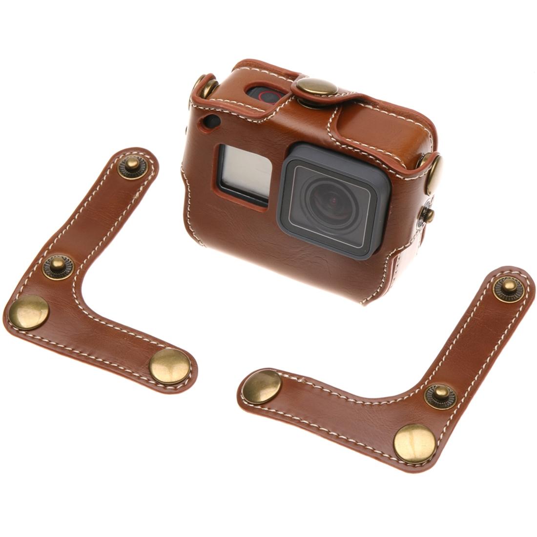 Leather Housing Case with Neck Strap and Buttons for Gopro Hero7 / 6 / 5 - Black - Coffee
