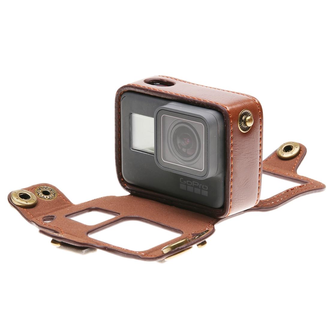 Leather Housing Case with Neck Strap and Buttons for Gopro Hero7 / 6 / 5 - Black - Coffee