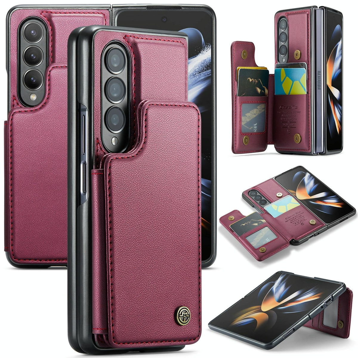 For Samsung Galaxy Z Fold4 5G Leather Rfid Phone Case - Wine Red