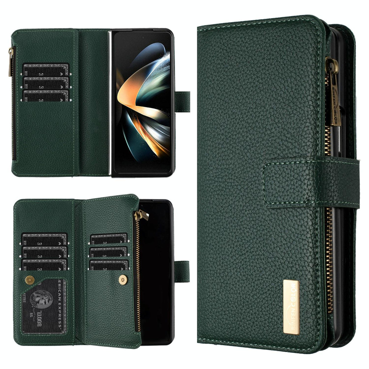 For Samsung Galaxy Z Fold4 5G Litchi Texture Zip Wallet - Green