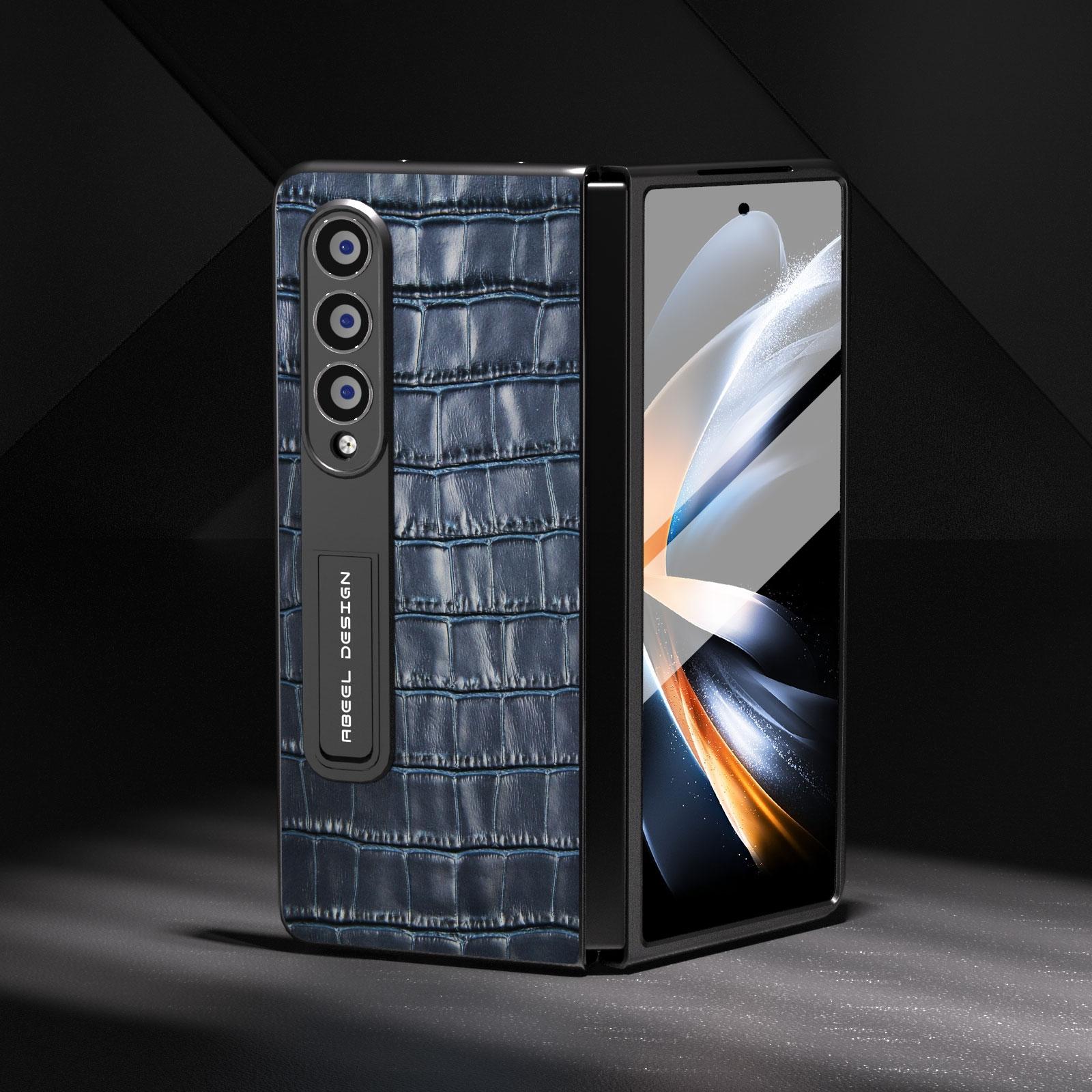 For Samsung Galaxy Z Fold4 5G Premium Leather Phone Case - Crocodile Texture - Blue