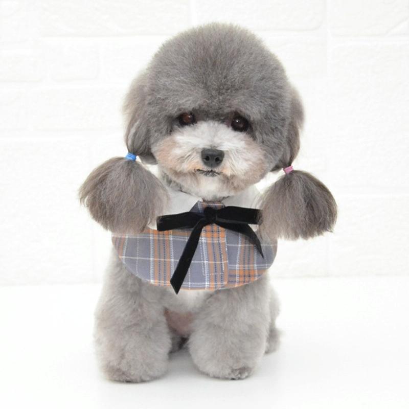 Dog Shawl Small Cloak Pet Bow Ttie Saliva Towel Pet Accessories - Size M - Gray Yellow Grid