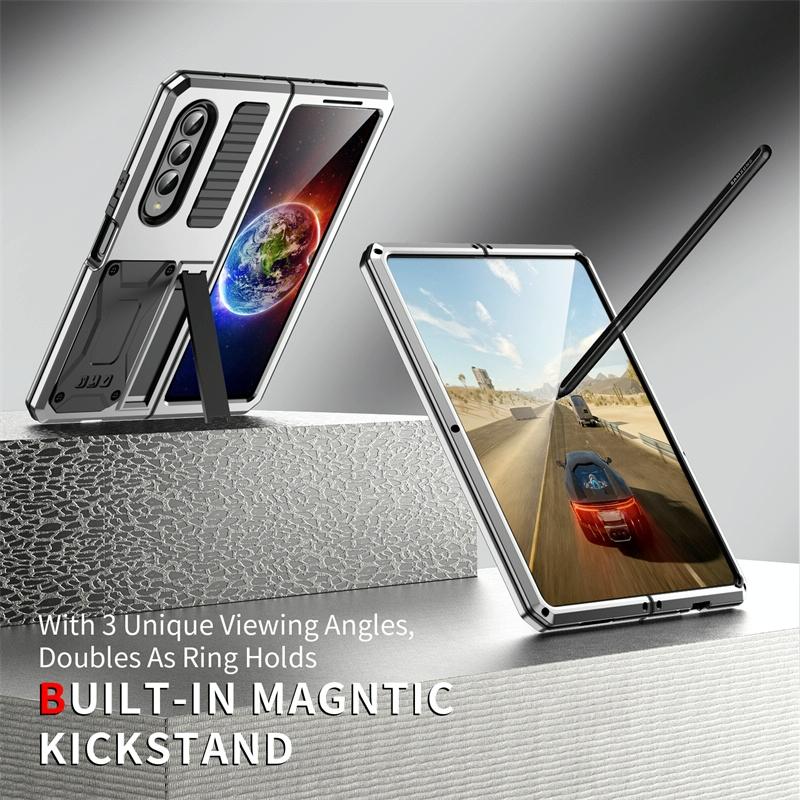 For Samsung Galaxy Z Fold4 5G Shockproof Metal Case With Holder - Yellow