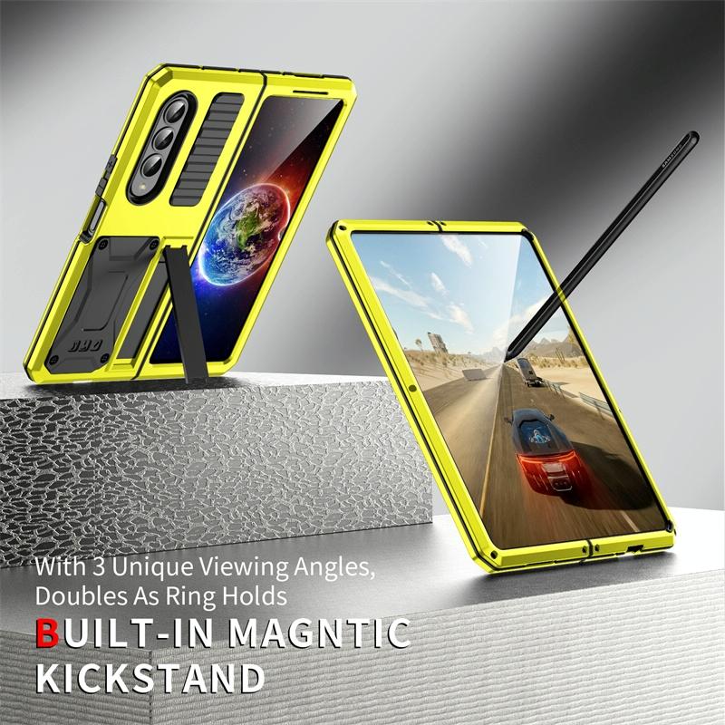 For Samsung Galaxy Z Fold4 5G Shockproof Metal Case With Holder - Yellow