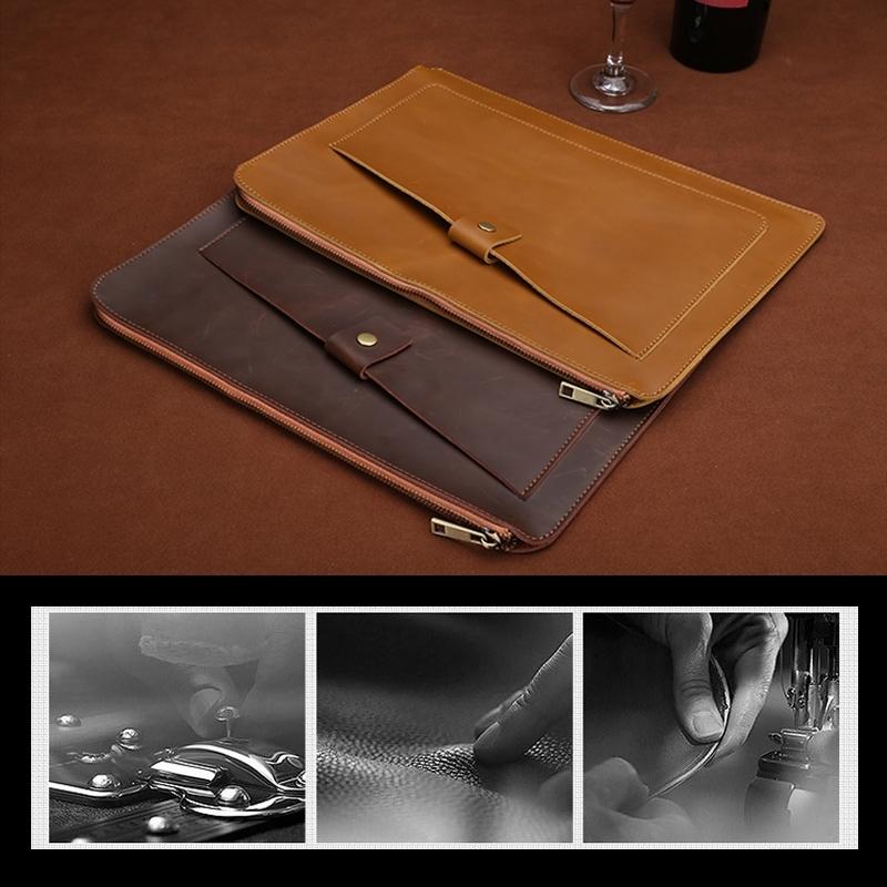 Leather Laptop Tablet Bag with Zipper for Macbook Samsung Sony Dell Alienware Chuwi Asus Hp - Coffee