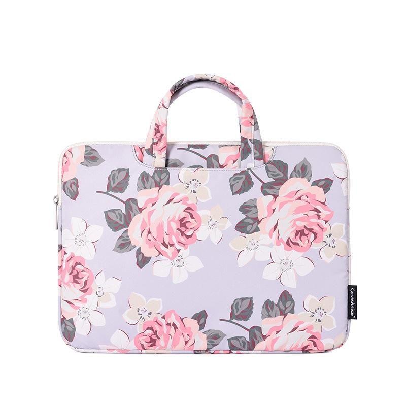 15 Inch Laptop Case Bag With White Rose Pattern And Handle - Grey