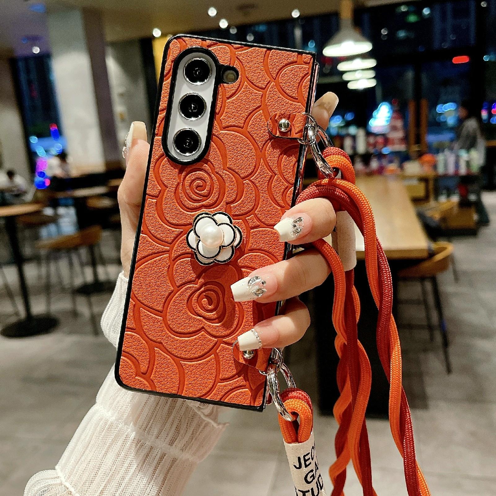 For Samsung Galaxy Z Fold4 5G Camellia Pattern Phone Case With Lanyard - Black