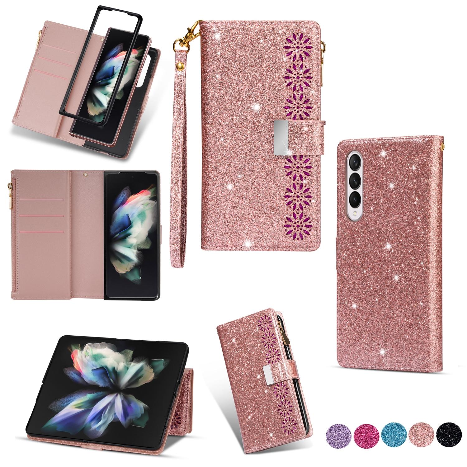 For Samsung Galaxy Z Fold4 5G Sparkling Leather Zip Case - Zipper Closure - Rose Gold