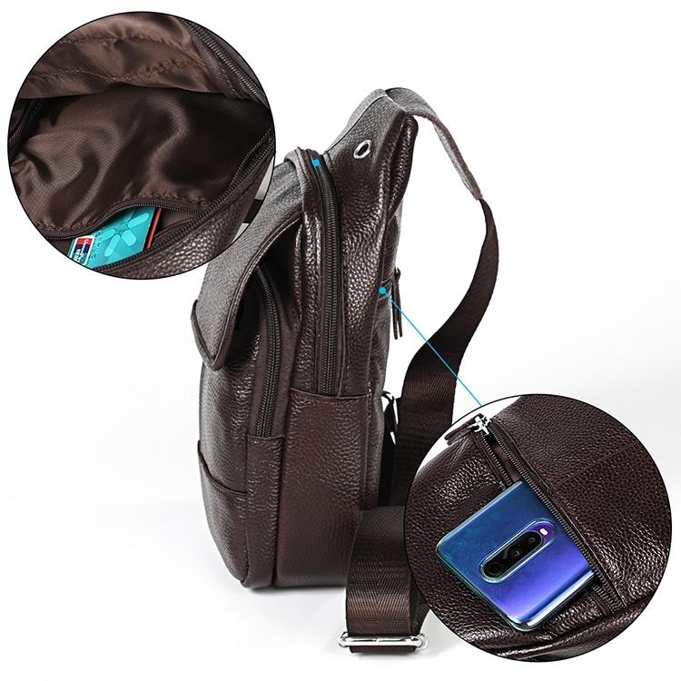 Men Litchi Texture Full Grain Cowhide Crossbody Bag - Coffee