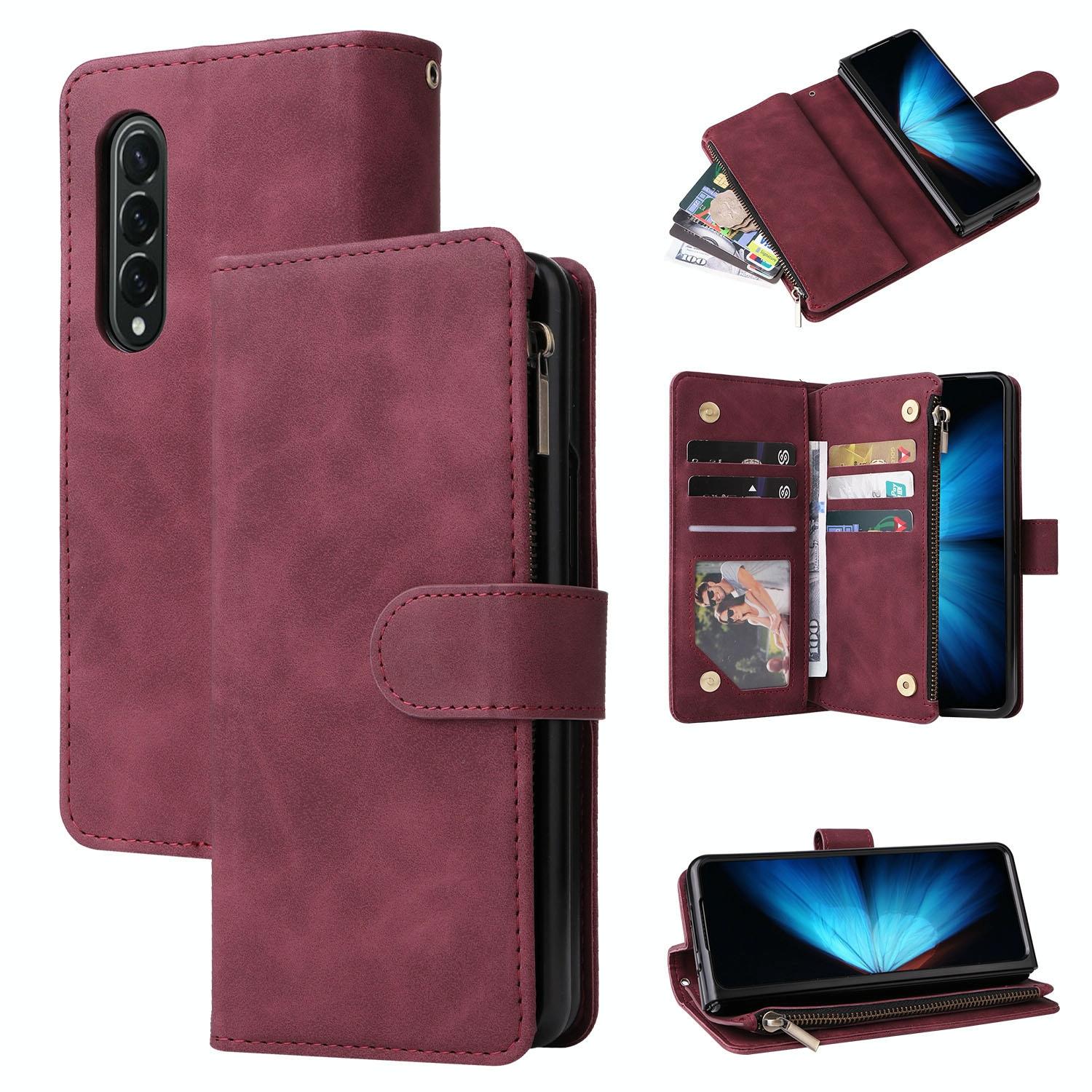 For Samsung Galaxy Z Fold4 5G Frosted Leather Zip Wallet - Compact And Stylish - Wine Red