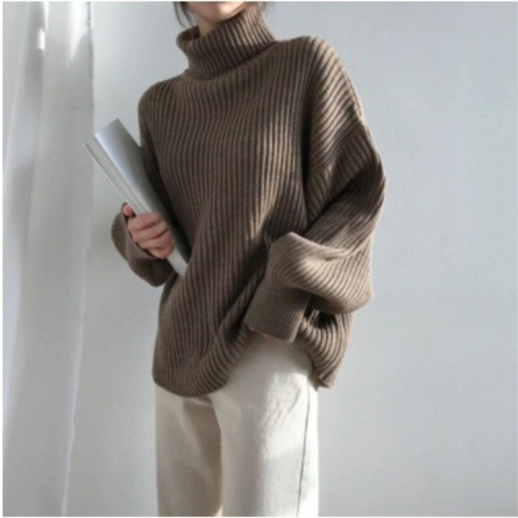 Solid Colour Turtleneck Outer Wear Pullover Casual Sweater Beige - Free Size - Coffee Free Size