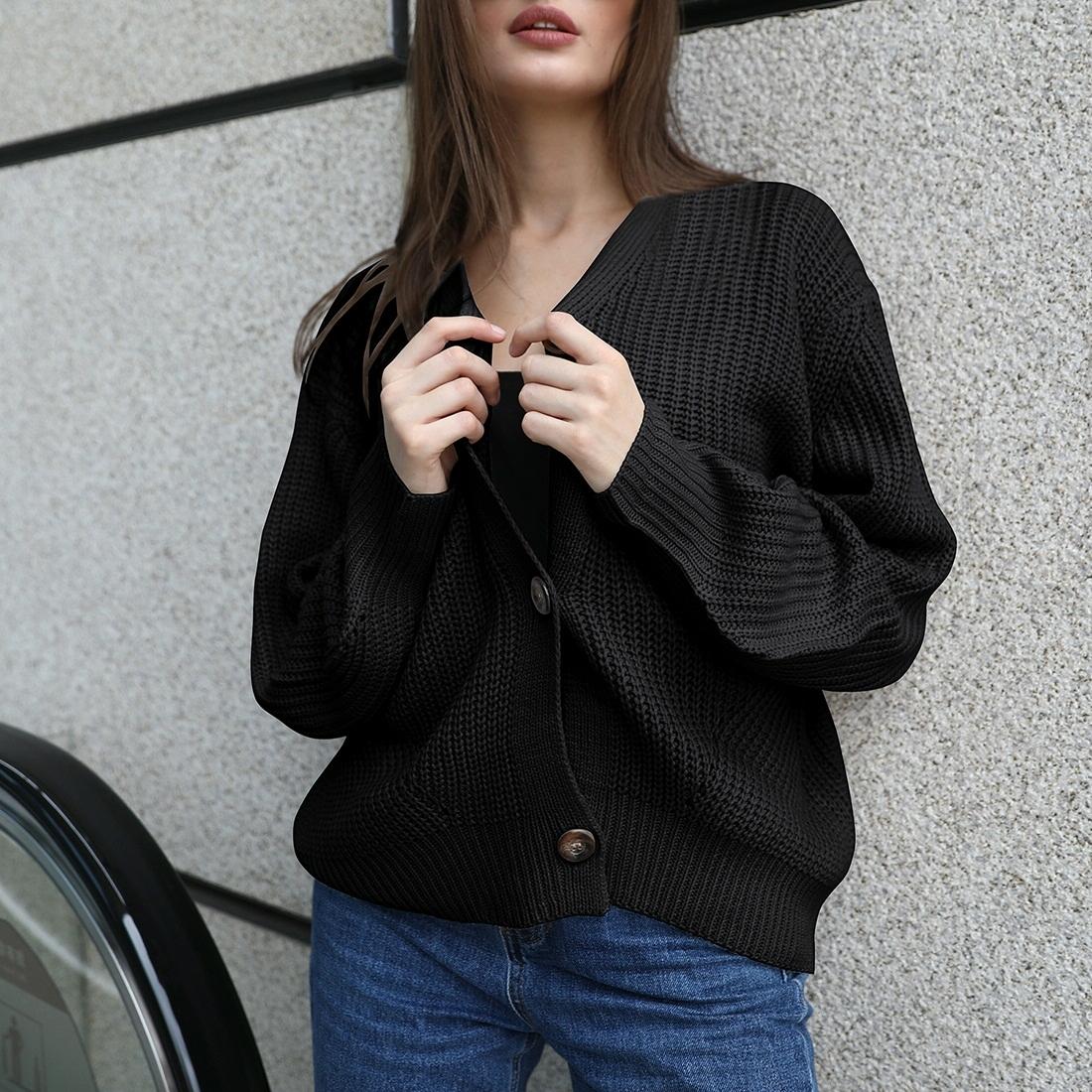 Fashion Cardigan Solid Colour Knit Button Sweater Black - Black L