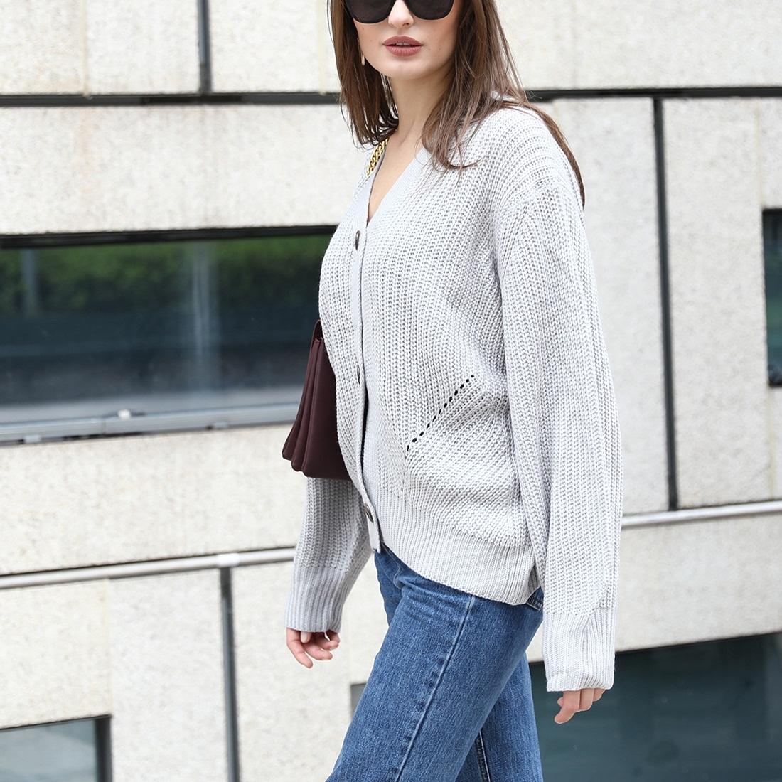 Fashion Cardigan Solid Colour Knit Button Sweater Black - Black L