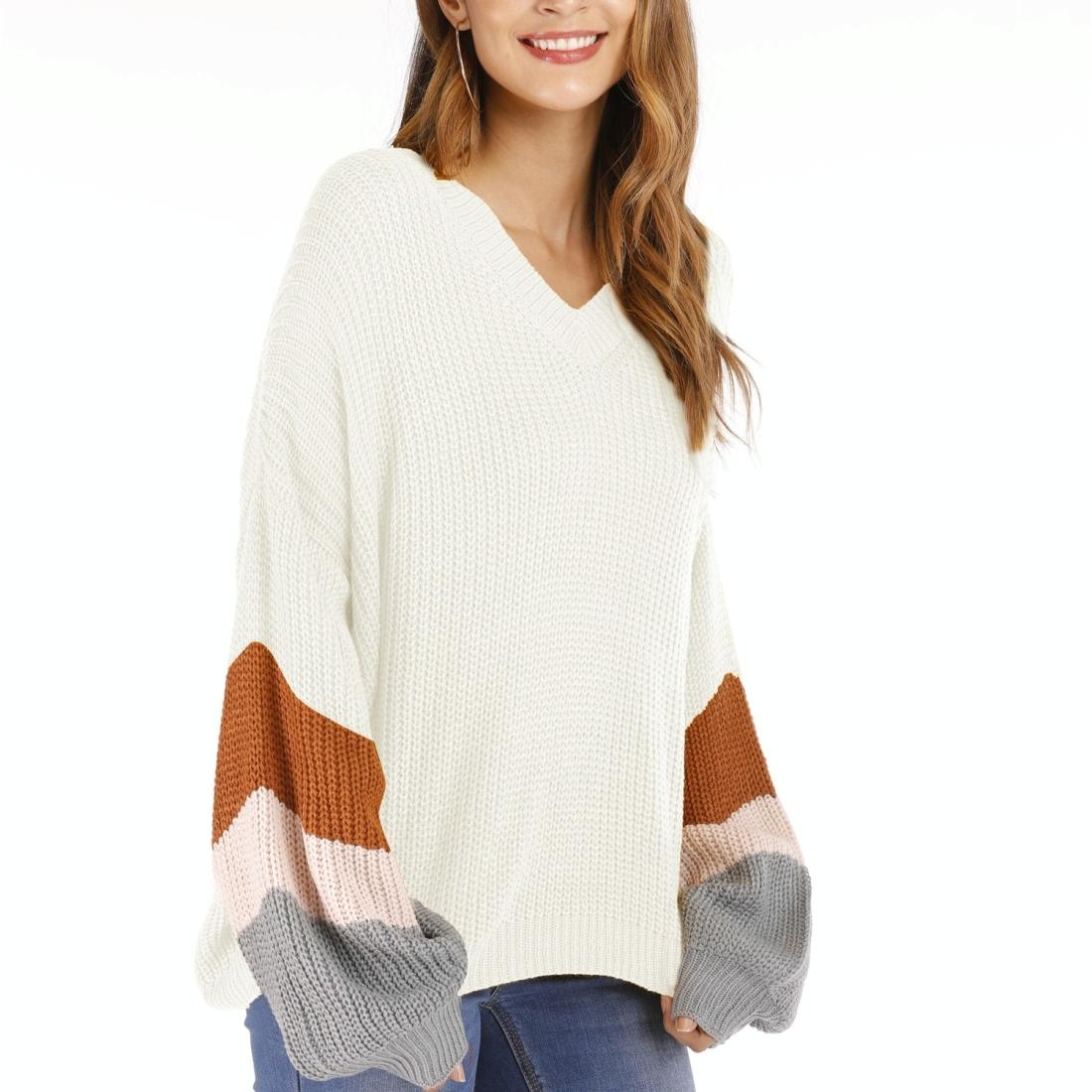 Fashion Casual V-Neck Sweater - White L