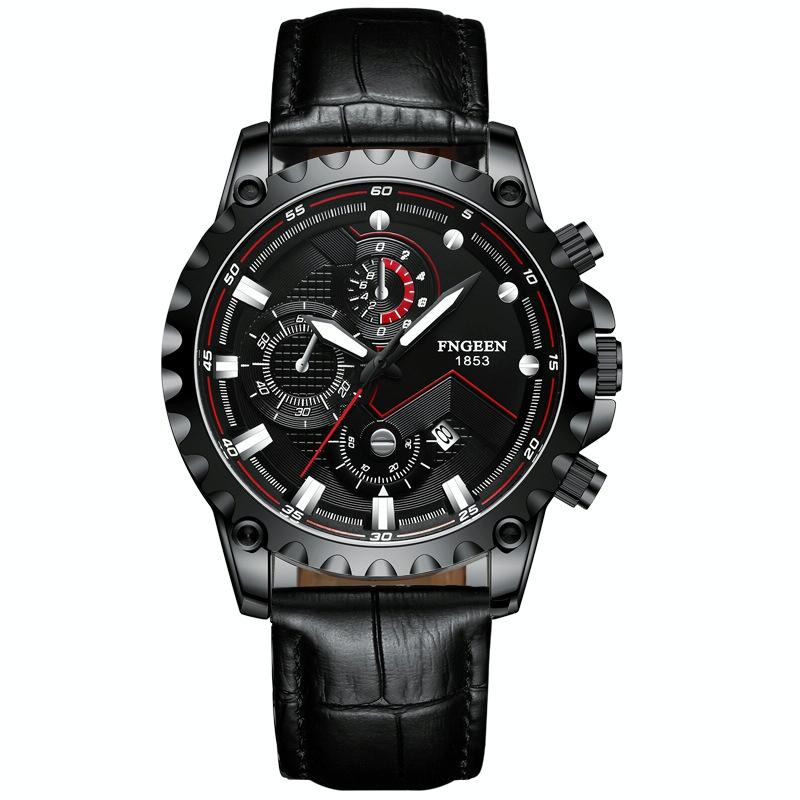 Stainless Steel Waterproof Men Sports Watch - Black Leather Black Steel Black Surface
