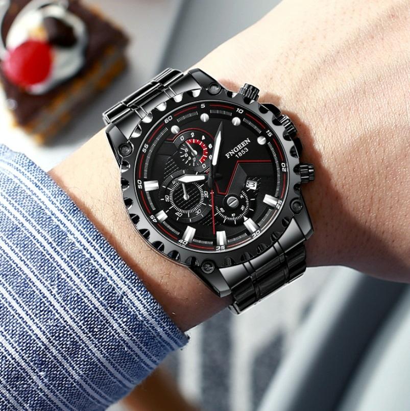Stainless Steel Waterproof Men Sports Watch - Black Leather Black Steel Black Surface