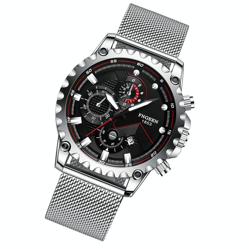 Stainless Steel Waterproof Men Sports Watch - Black Leather Black Steel Black Surface