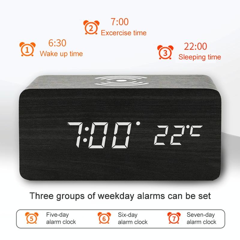 5W Wooden Wireless Charger With Led Mirror Display And Sub Alarm Clock - Black Wood