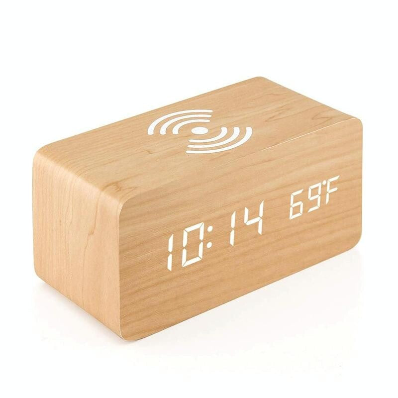 5W Wooden Wireless Charger With Led Mirror Display And Sub Alarm Clock - Black Wood