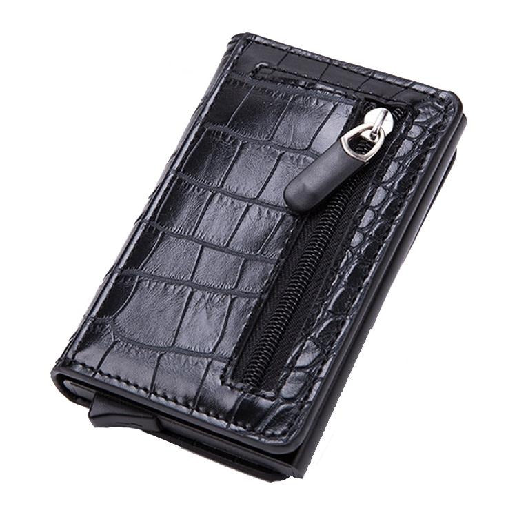 Stainless Steel Rfid Credit Card Holder - Compact Design - Crocodile Grain Black