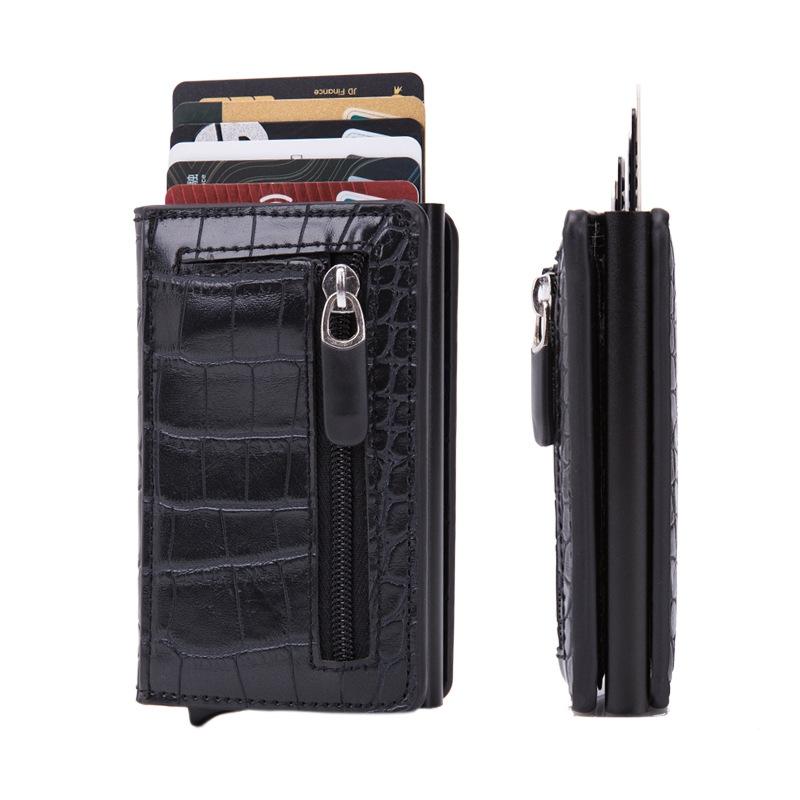 Stainless Steel Rfid Credit Card Holder - Compact Design - Crocodile Grain Black