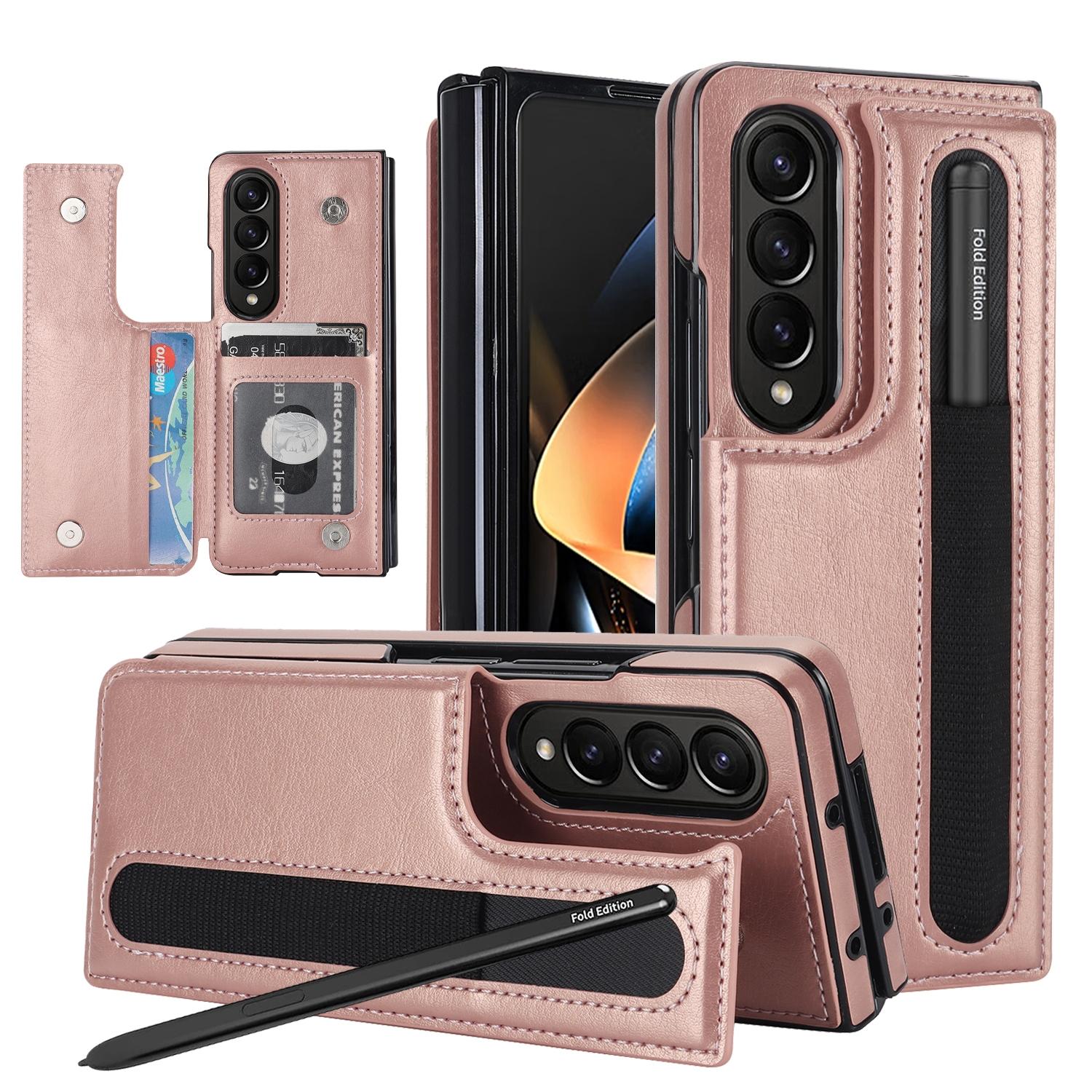For Samsung Galaxy Z Fold4 5G Double Buckle Foldable Phone Case With Pen Slot - Rose Gold