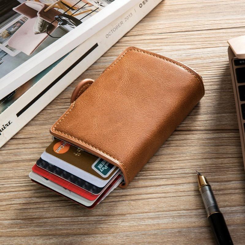 Automatic Pop Up Rfid Metal Card Holder - Coffee