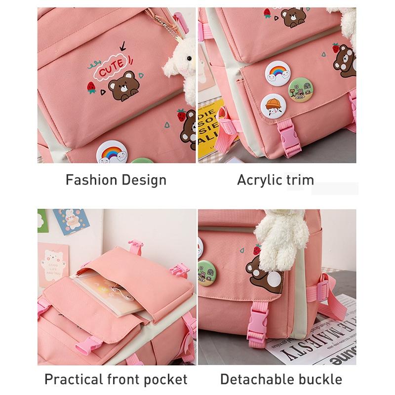 Adorable 5-piece Girls Backpack Set with Bear Design - Pink