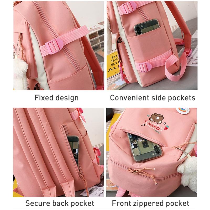 Adorable 5-piece Girls Backpack Set with Bear Design - Pink