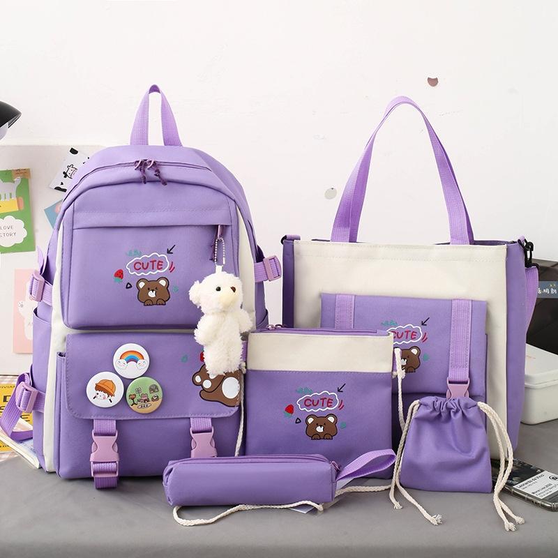 Adorable 5-piece Girls Backpack Set with Bear Design - Pink