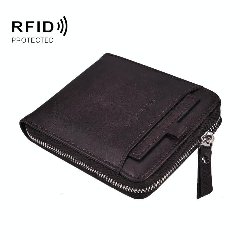Men Retro Rfid Zip Wallet - Zipper Closure - Dark Coffee