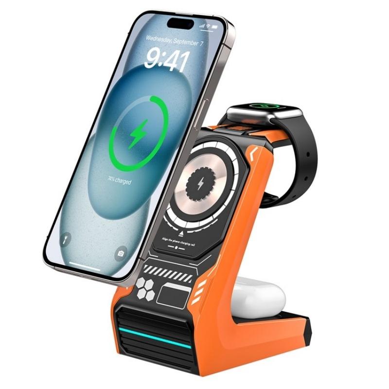 3 In 1 Wireless Charger For Mobile Phone And Earphones - Orange