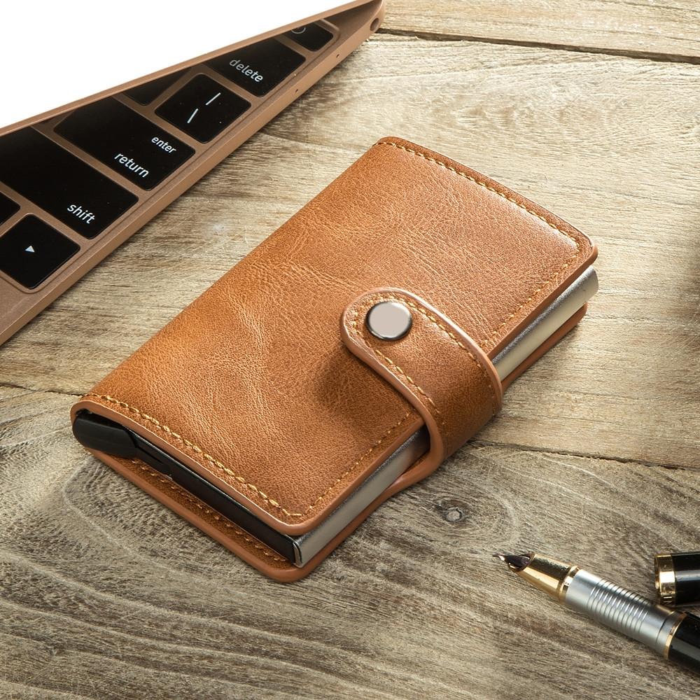 Rfid-protected Leather Card Wallet - Pu Material - Coffee
