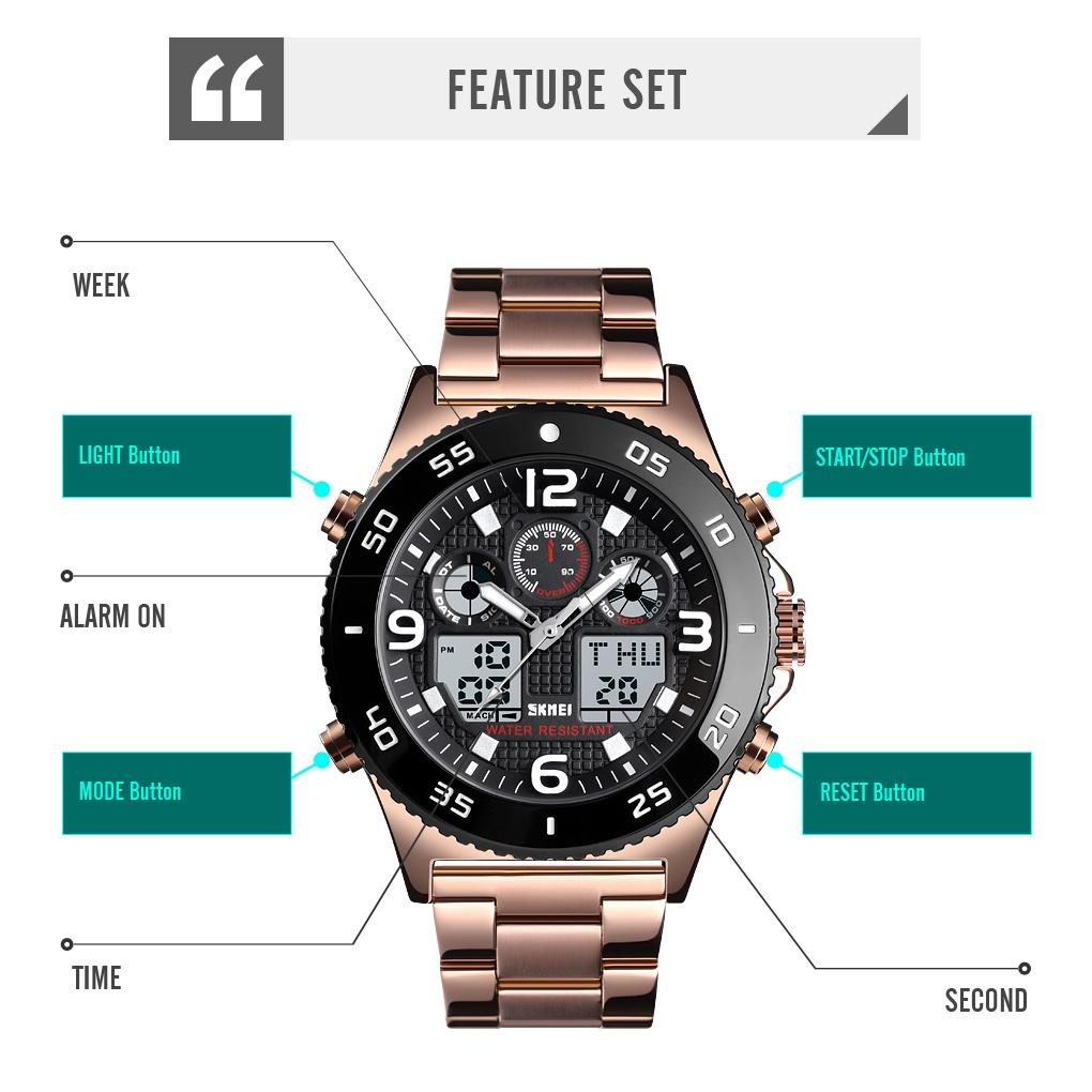 Men Casual Sports Watch with Large Dial and Steel Band - Rose Gold-Steel Belt
