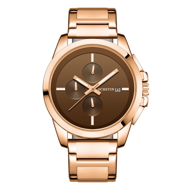 Men Pilot Series Multifunctional Quartz Watch with Steel Band - Coffee + Rose Gold
