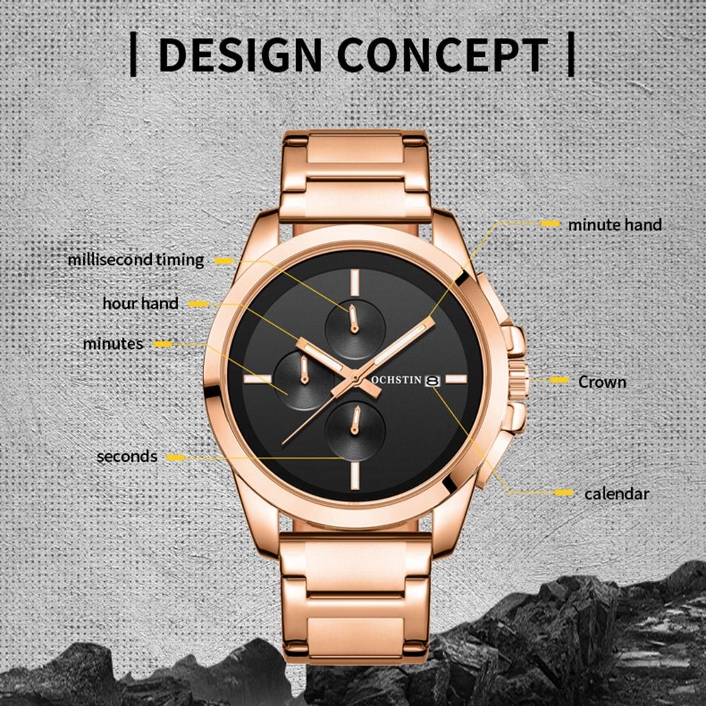 Men Pilot Series Multifunctional Quartz Watch with Steel Band - Coffee + Rose Gold