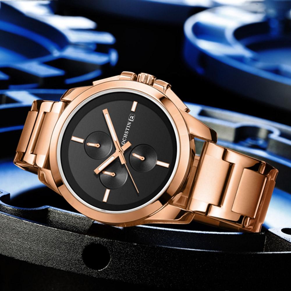 Men Pilot Series Multifunctional Quartz Watch with Steel Band - Coffee + Rose Gold