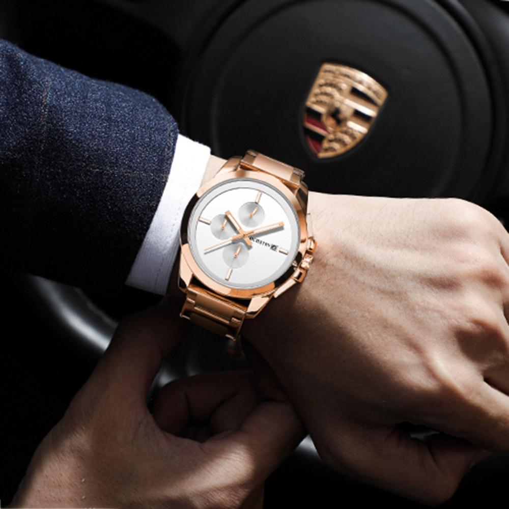 Men Pilot Series Multifunctional Quartz Watch with Steel Band - Coffee + Rose Gold