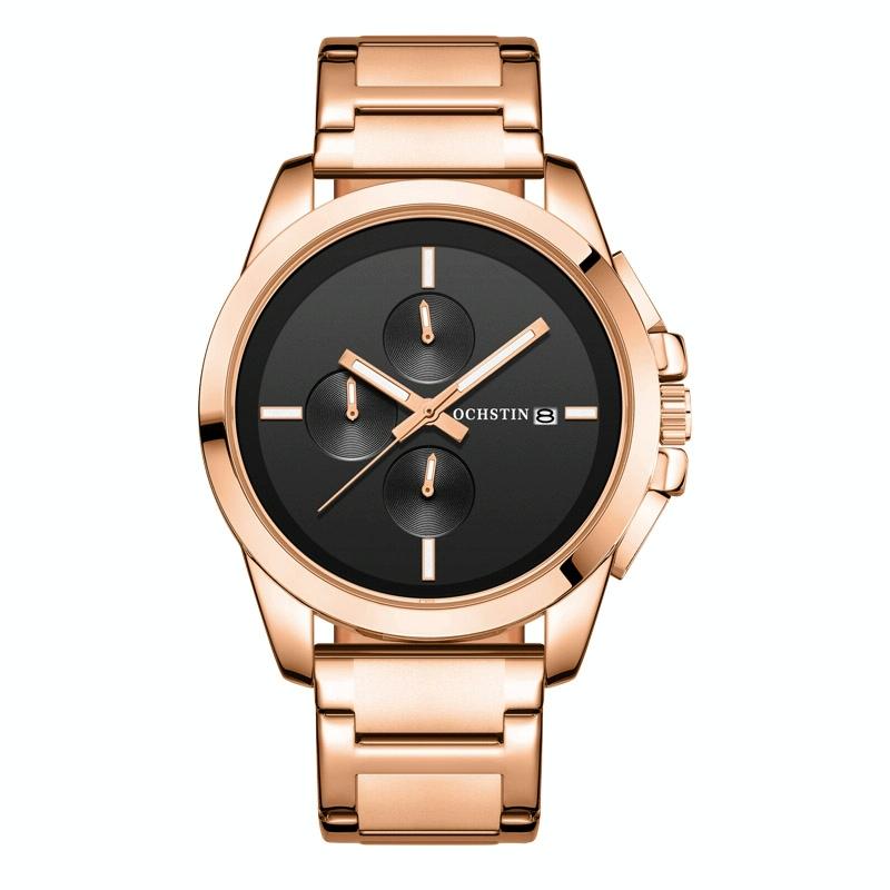 Men Pilot Series Multifunctional Quartz Watch with Steel Band - Coffee + Rose Gold