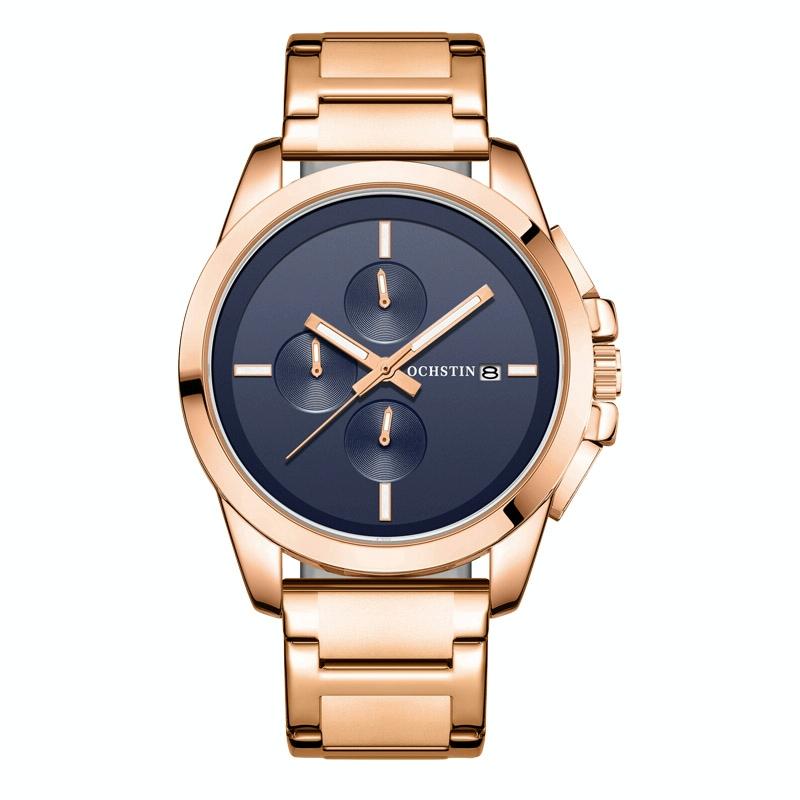 Men Pilot Series Multifunctional Quartz Watch with Steel Band - Coffee + Rose Gold