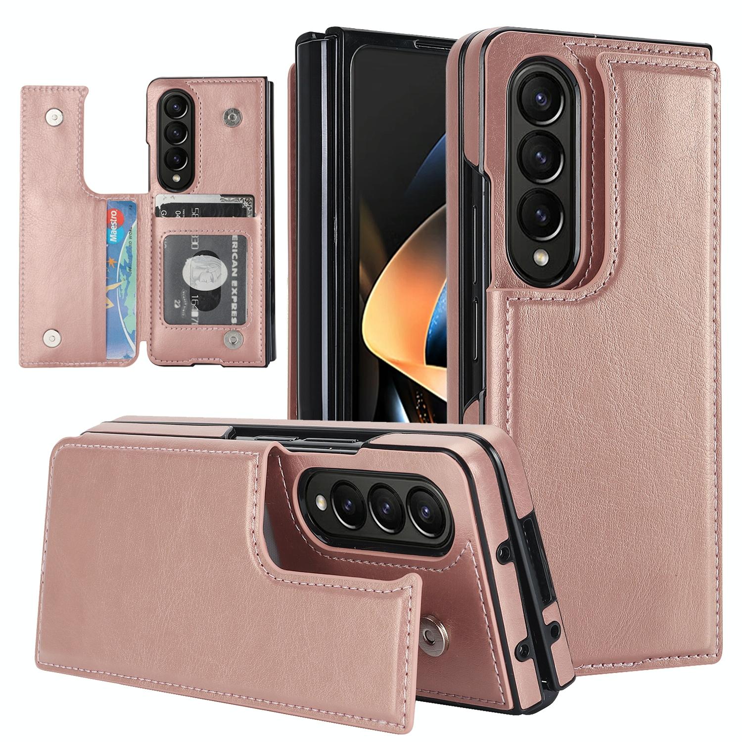 For Samsung Galaxy z Fold4 5G Foldable Phone Case with Double Buckle Card Slot - Rose Gold