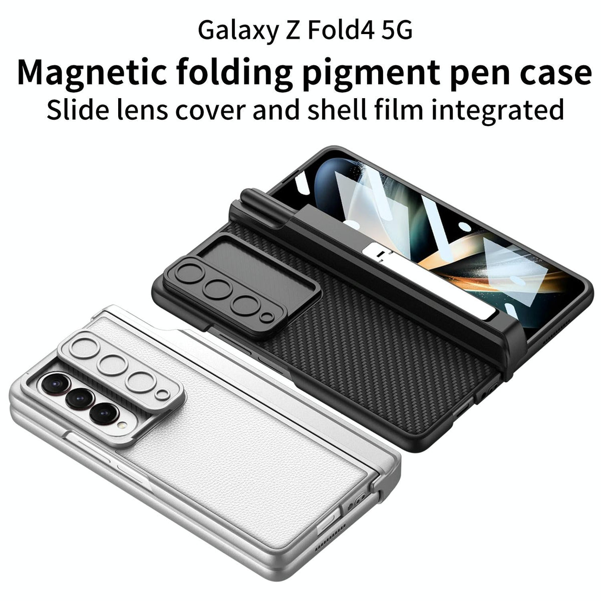 For Samsung Galaxy Z Fold4 5G Magnetic Leather Flip Case With Holder - Carbon Fiber