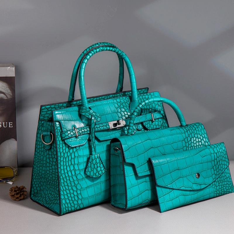 Large Capacity 3-in-1 Crocodile Print Crossbody Tote - Diagonal Design - Peacock Green