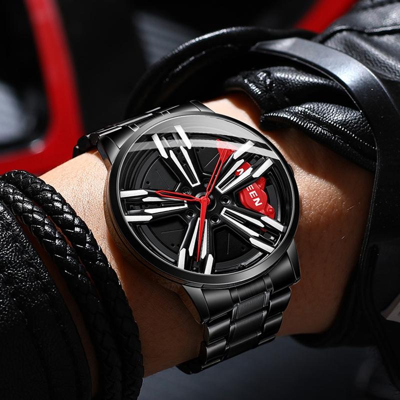 Men Metal Motorcycle Watch with Rotating Hub - White Steel Green Surface