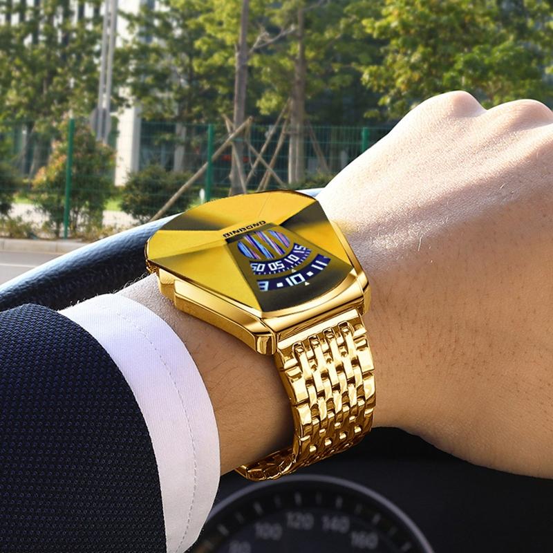 Men Diamond Dial Quartz Watch - Locomotive Concept - Full Gold Blue Surface