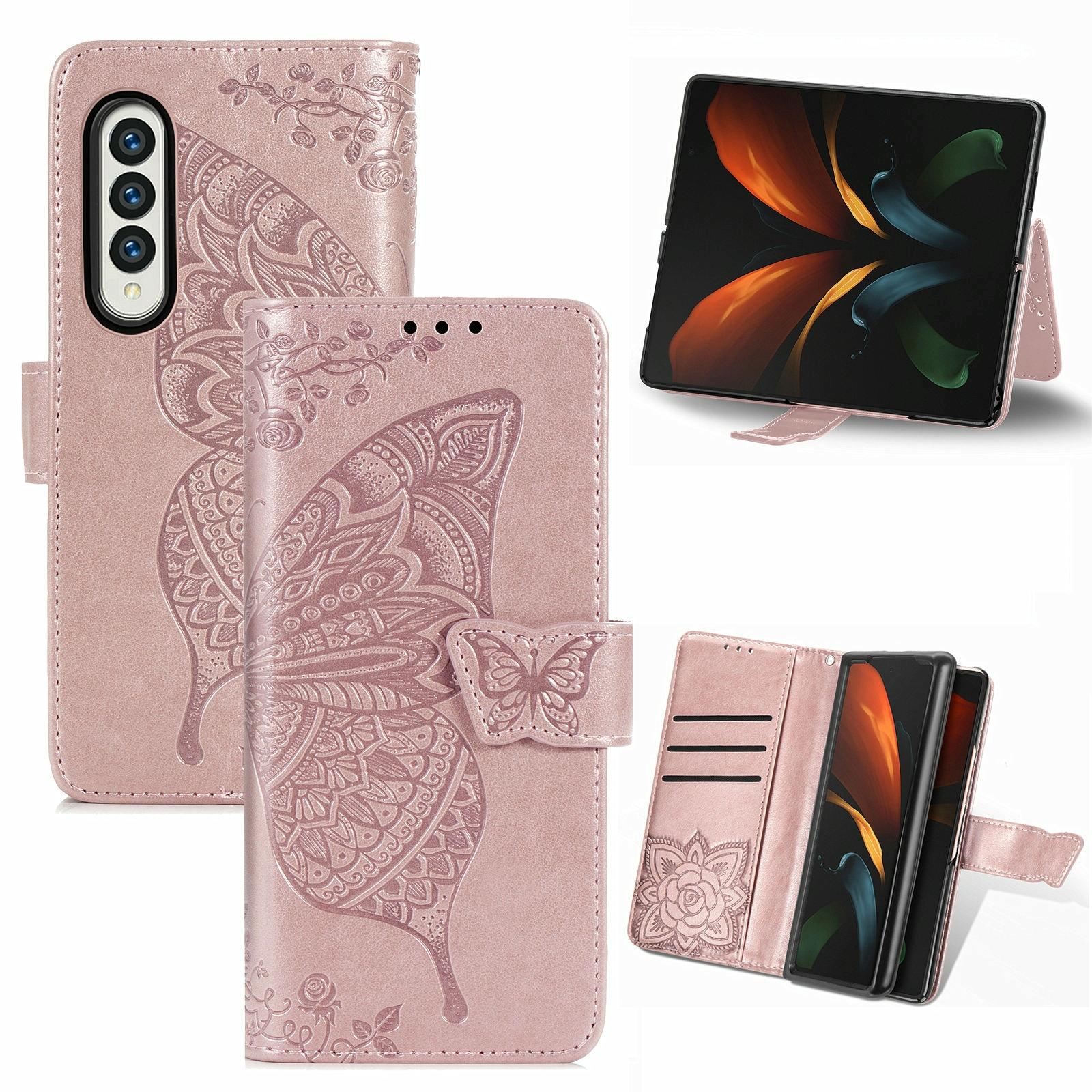 For Samsung Galaxy Z Fold4 5G Embossed Butterfly Love Leather Case - Flower Design - Rose Gold