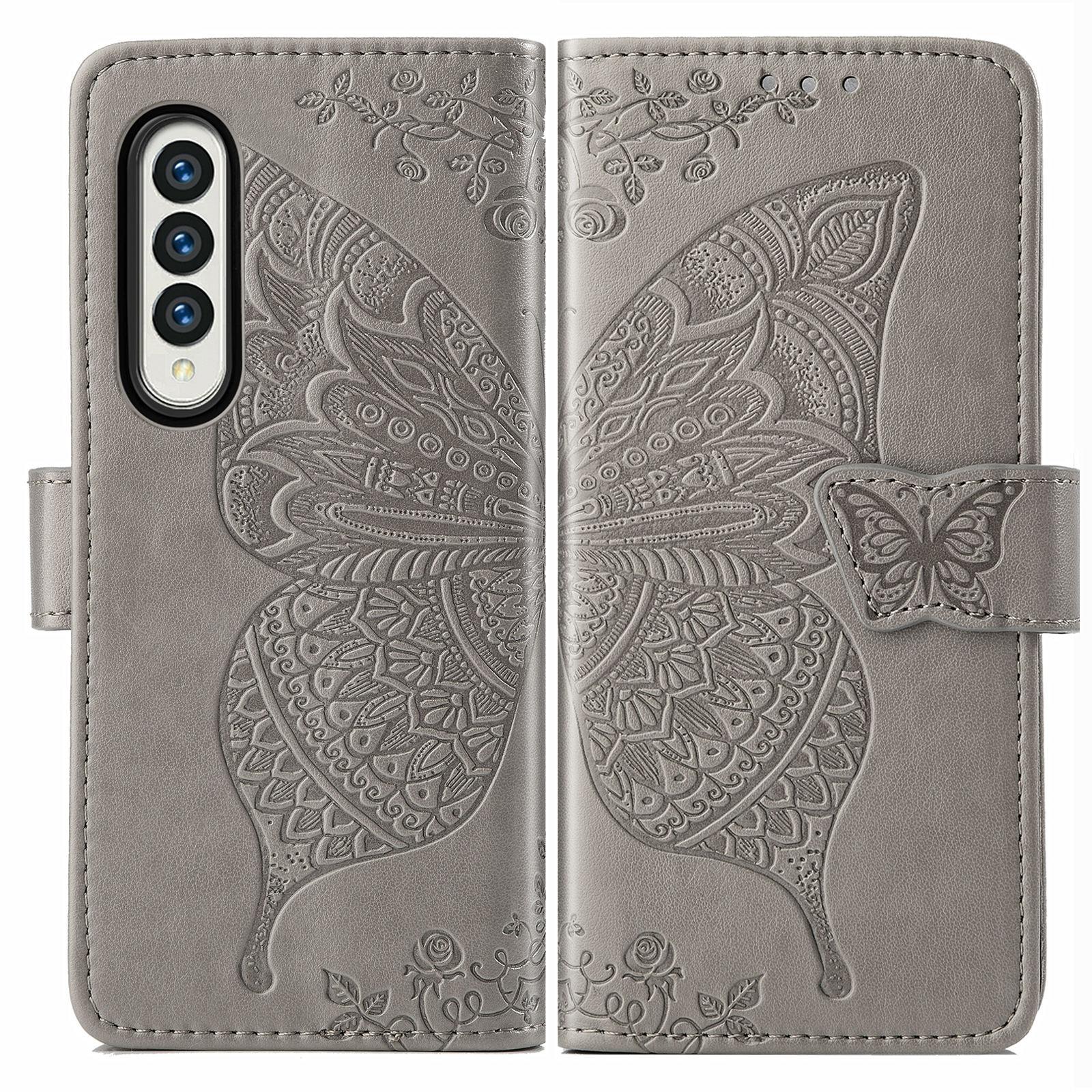 For Samsung Galaxy Z Fold4 5G Embossed Butterfly Love Leather Case - Flower Design - Rose Gold