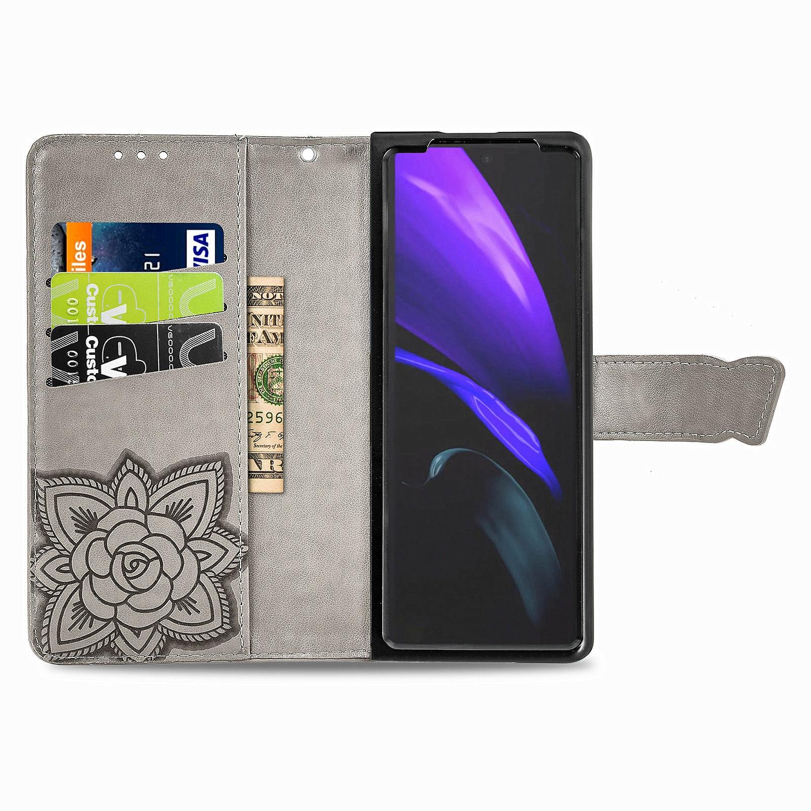 For Samsung Galaxy Z Fold4 5G Embossed Butterfly Love Leather Case - Flower Design - Rose Gold