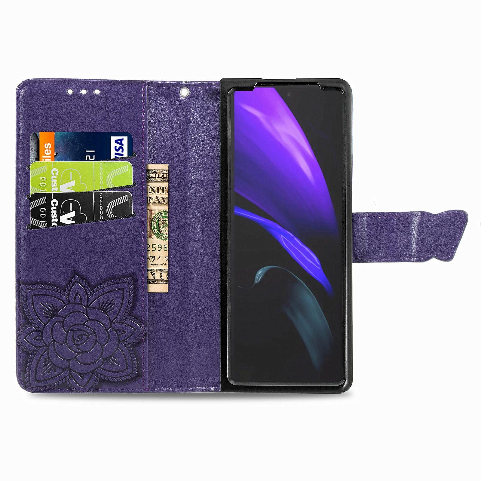 For Samsung Galaxy Z Fold4 5G Embossed Butterfly Love Leather Case - Flower Design - Rose Gold